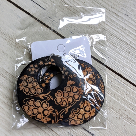 Boho Festival Carved Wood Round Dangle Earrings - Picture 8 of 9